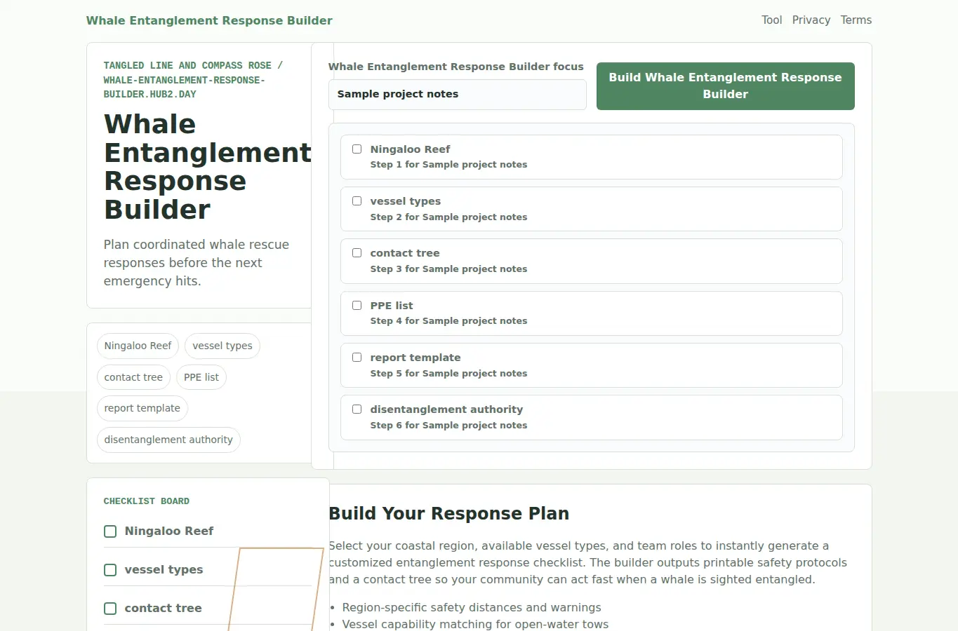 Screenshot of Whale Entanglement Response Builder interface showing the project page in use